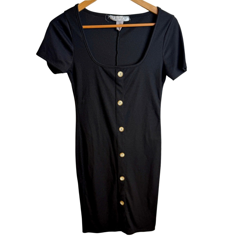 Bonded Womens Ribbed Button Front Mini Dress M Black Casual Bodycon LBD